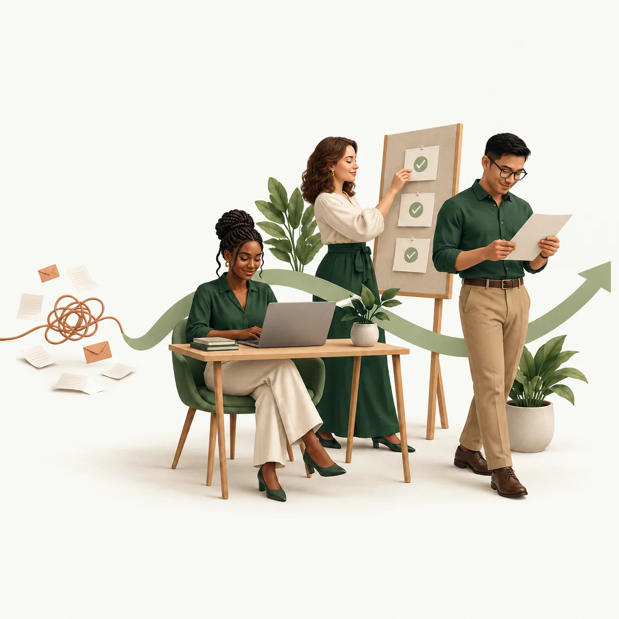 Illustration of a diverse team turning scattered messages and paperwork into a clear workflow.