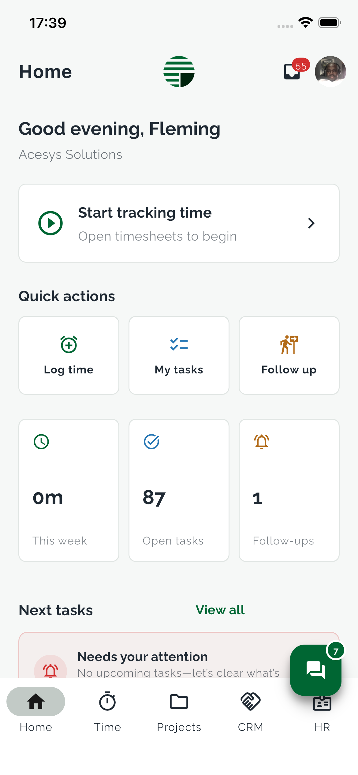 Petra Mobile Home dashboard with time tracking, quick actions, tasks and follow-ups.