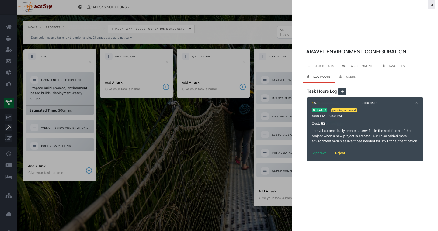Petra kanban task view with task details and logged hours section, showing that execution is tied to recorded work.