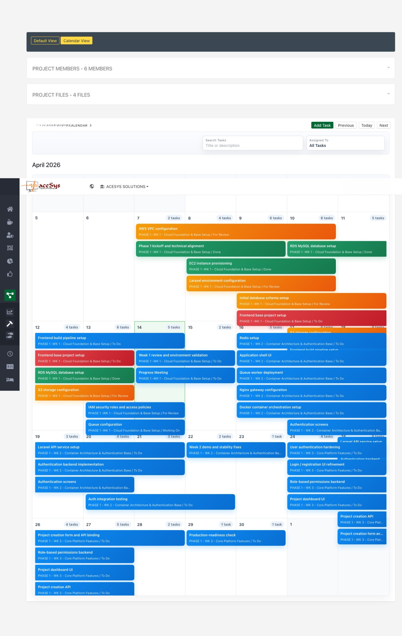 Petra project calendar view showing tasks spread across a monthly schedule.