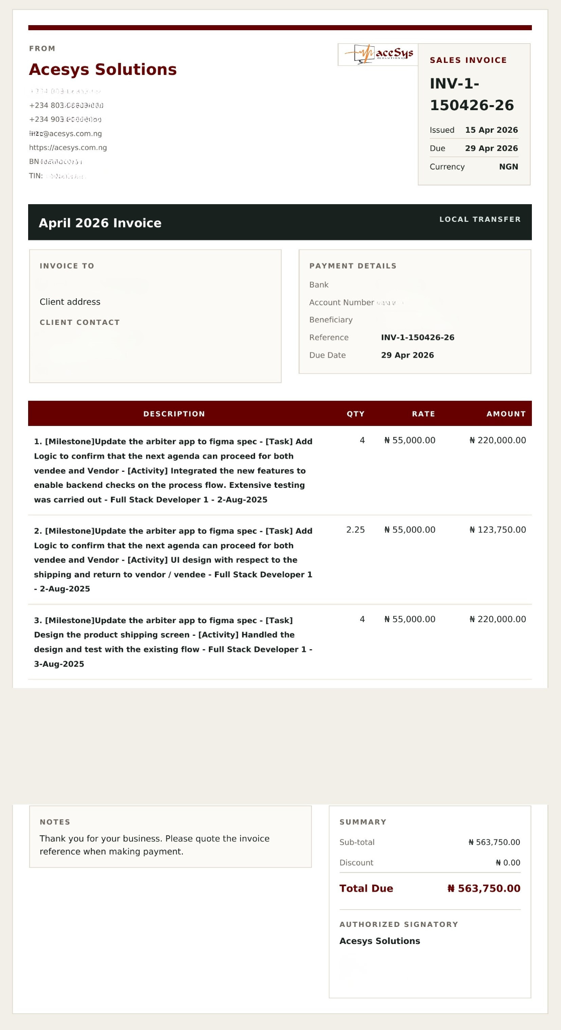 Client-ready invoice generated from Petra showing structured line items, quantities, rates, and total due.