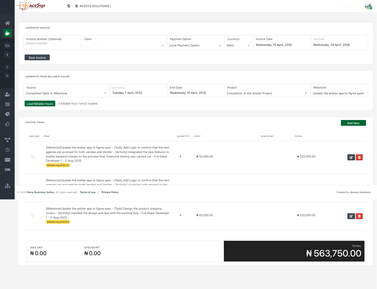 Petra invoice generation screen showing billable-hour-based invoice items loaded into an invoice draft.