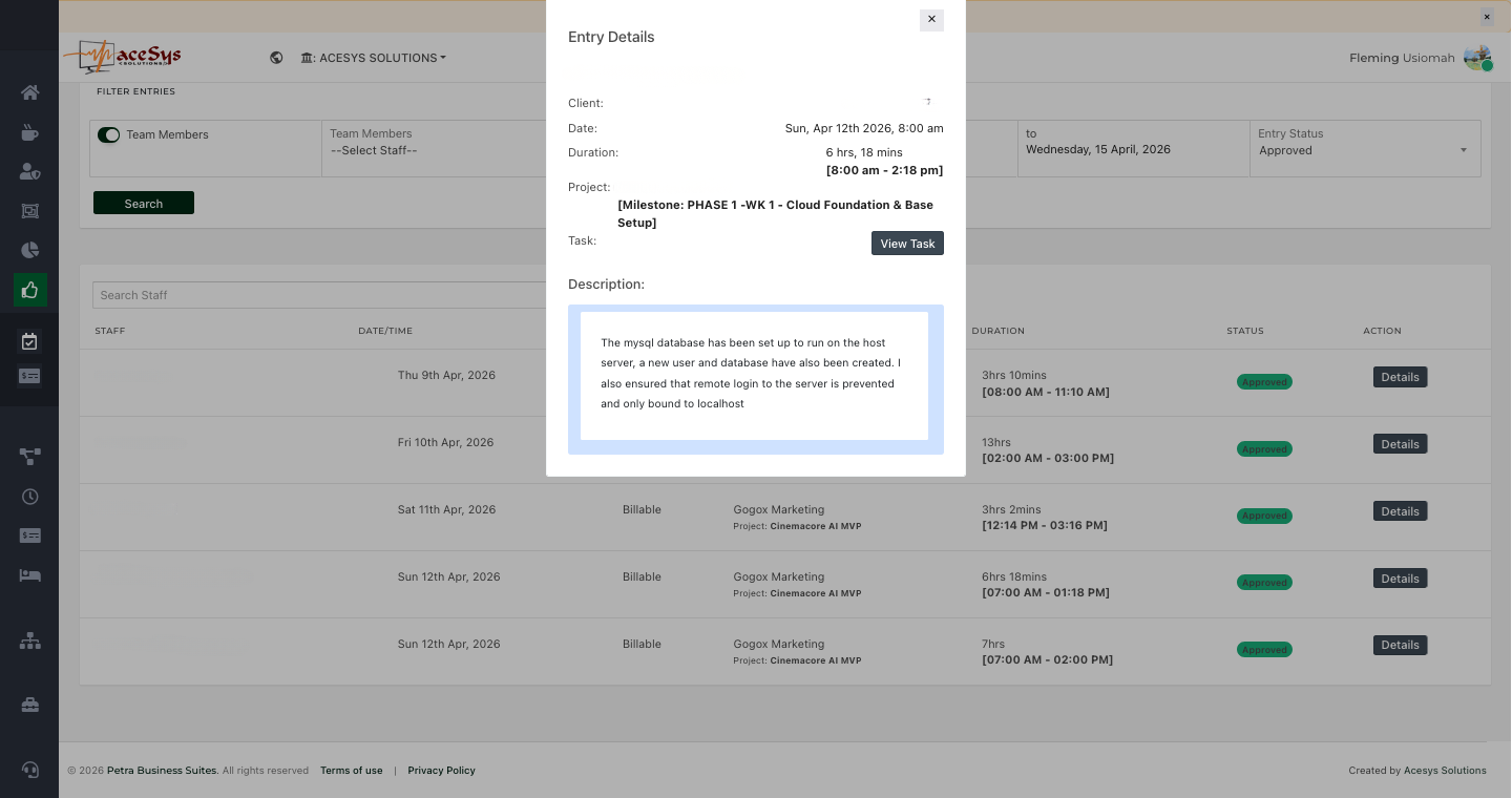 Petra approved billable timesheets view showing approved entries with project, client, duration, and details.