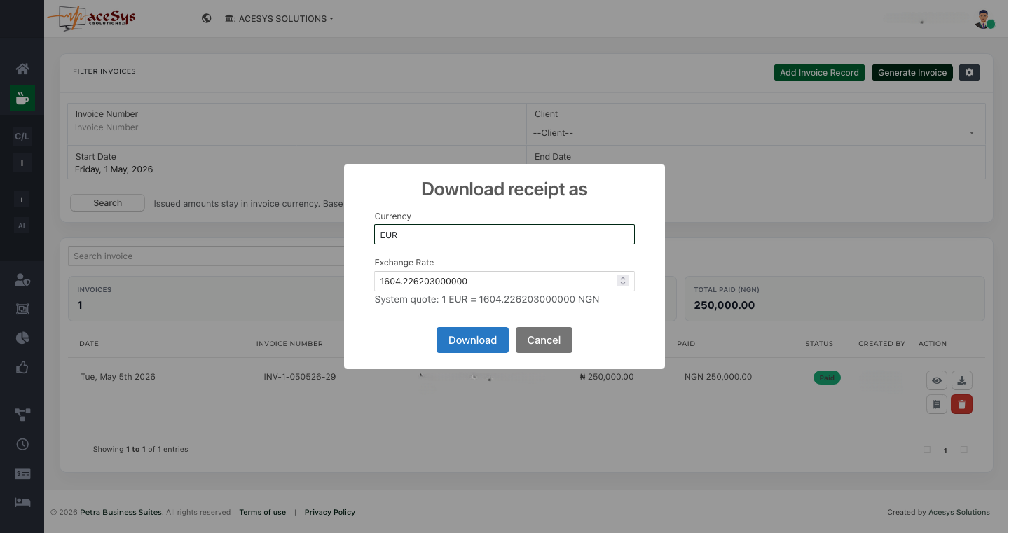 Petra receipt download option showing presentation currency and exchange rate fields.