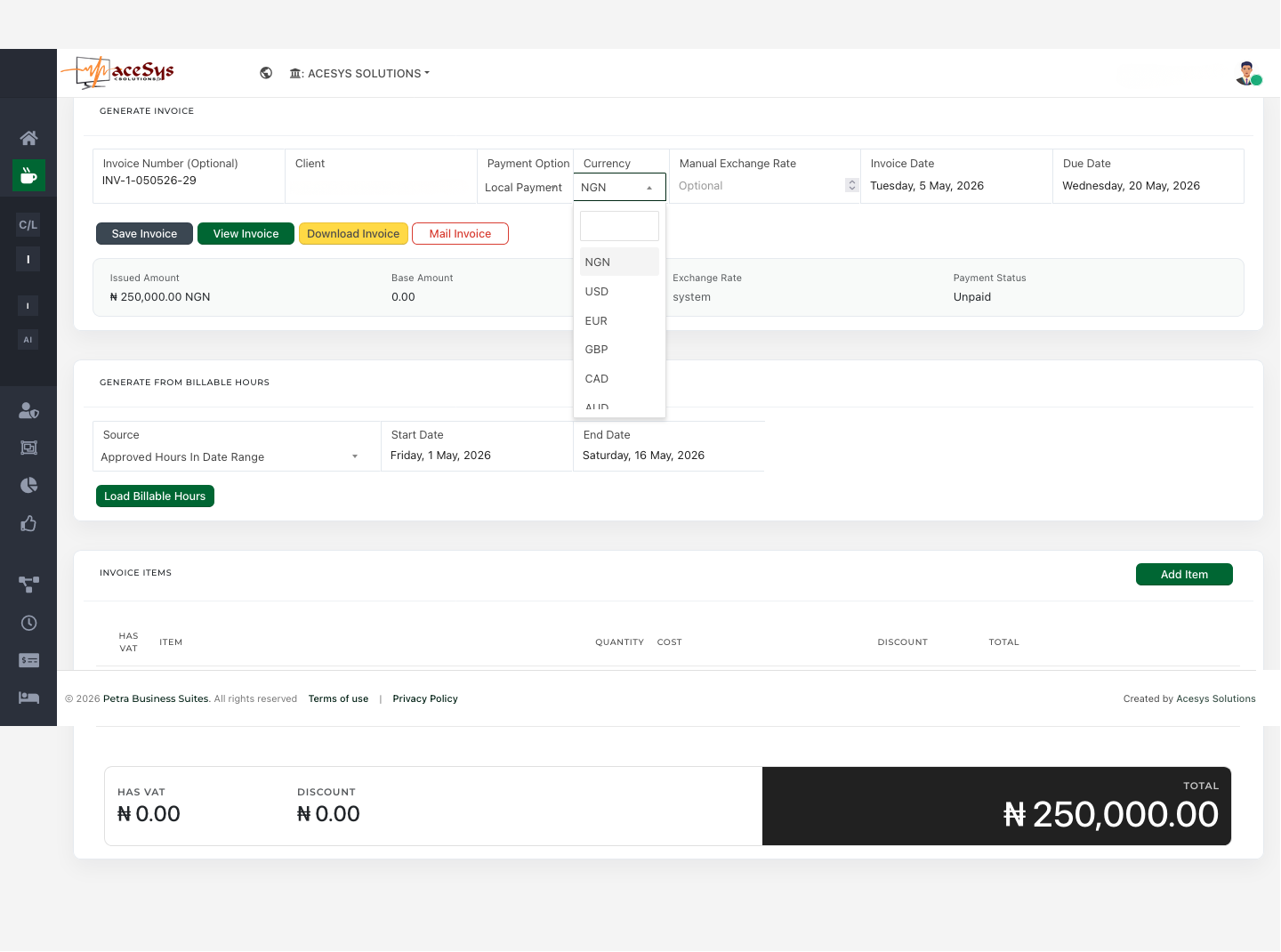 Petra invoice generation screen showing invoice currency, manual exchange rate, issued amount, base amount, and exchange-rate details.