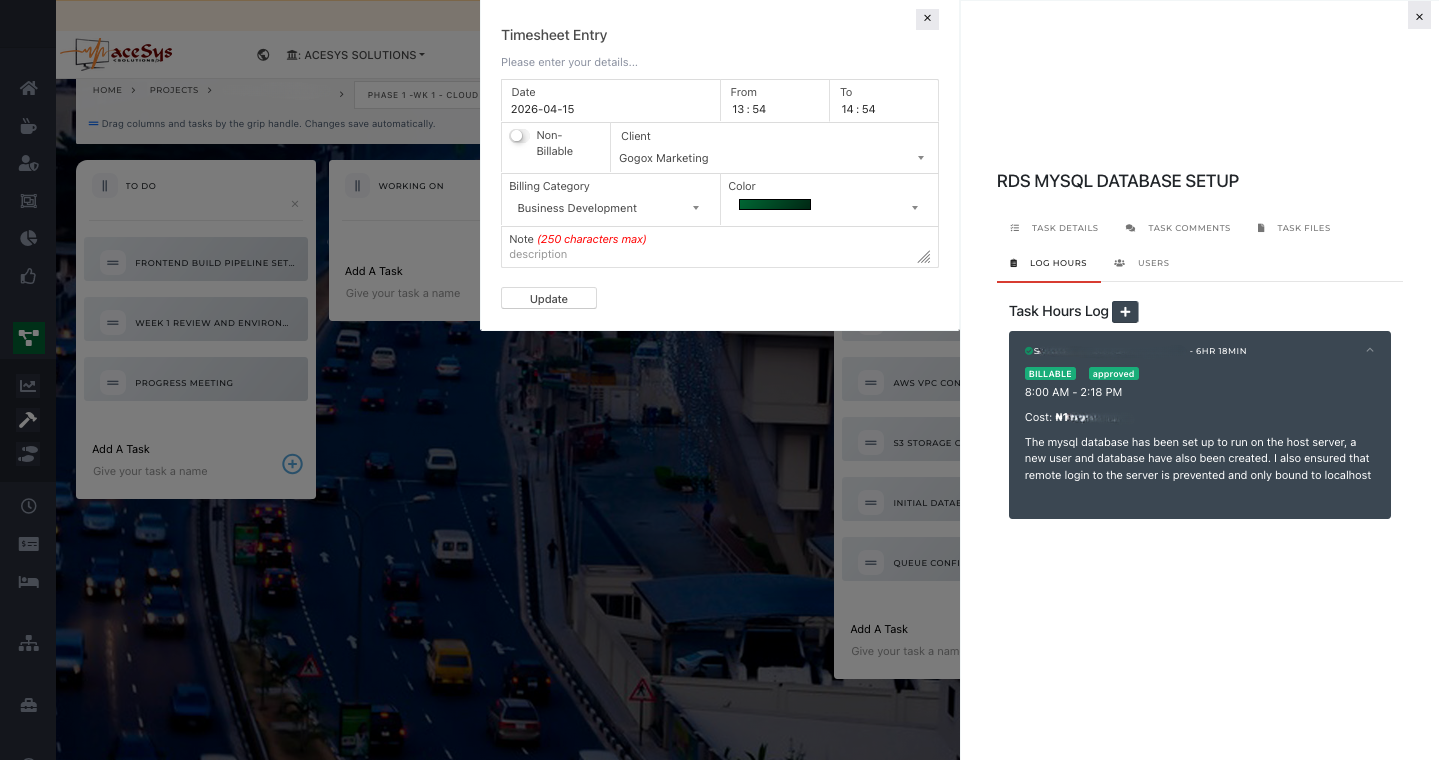 Petra task detail view showing timesheet entry and logged hours recorded against a project task.
