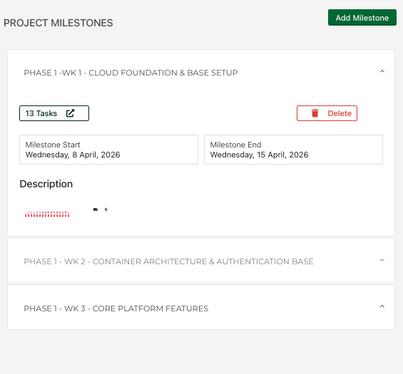 Petra project milestone list showing multiple phases and milestone details.