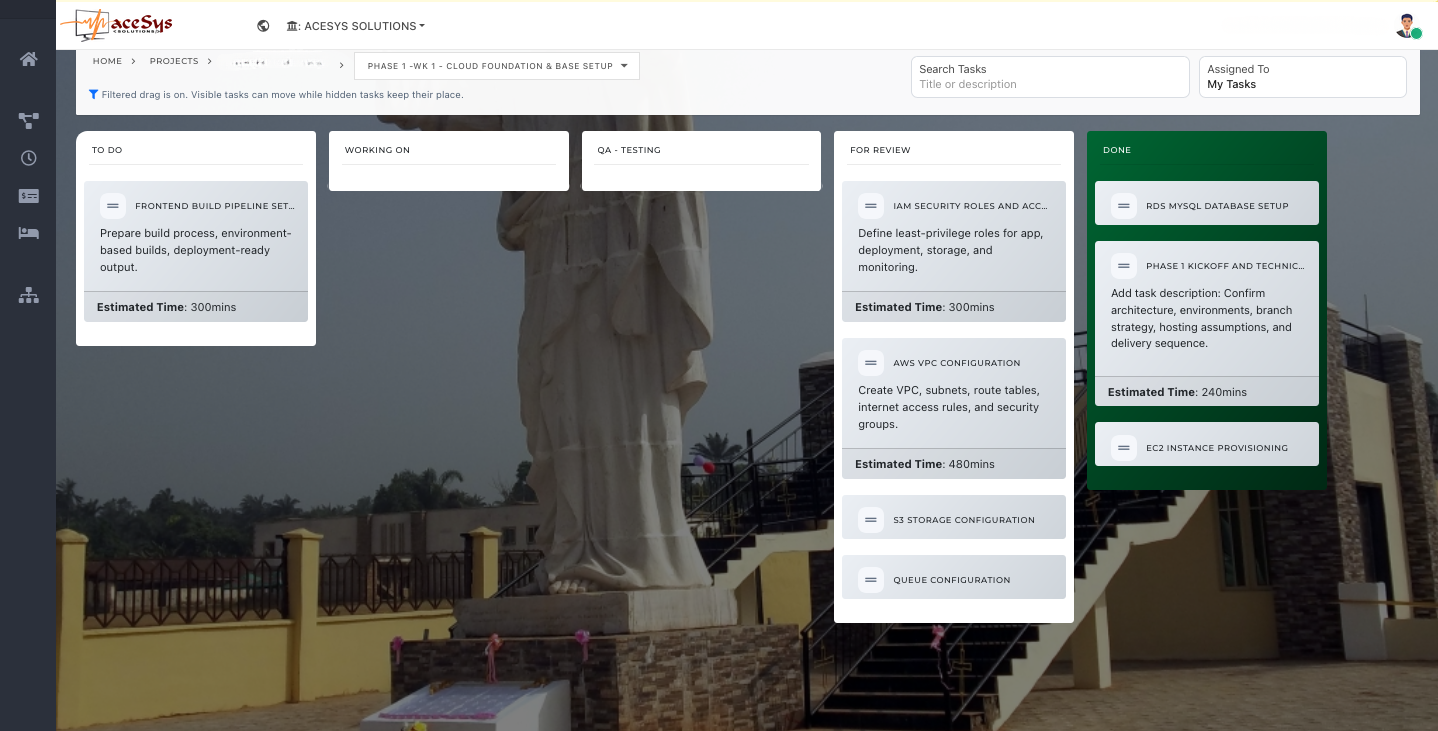 Petra kanban board showing tasks across columns such as To Do, Working On, QA, For Review, and Done.