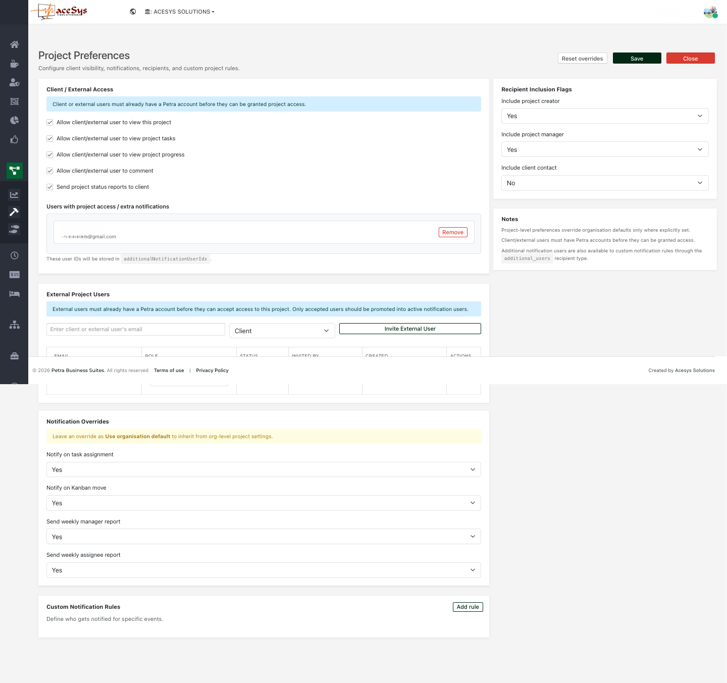 Petra project preferences screen showing client and external access settings, invite controls, notification overrides, and custom collaboration rules.
