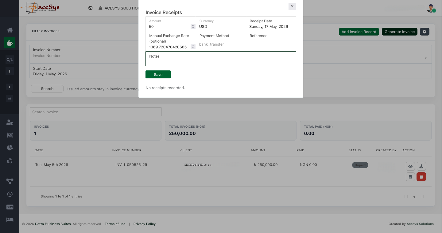 Petra receipt creation form showing amount, currency, manual exchange rate, payment method, reference, and receipt date.